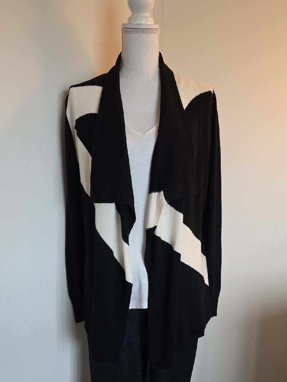 White House Black Market Black and Cream Draped Open-Front Cardigan